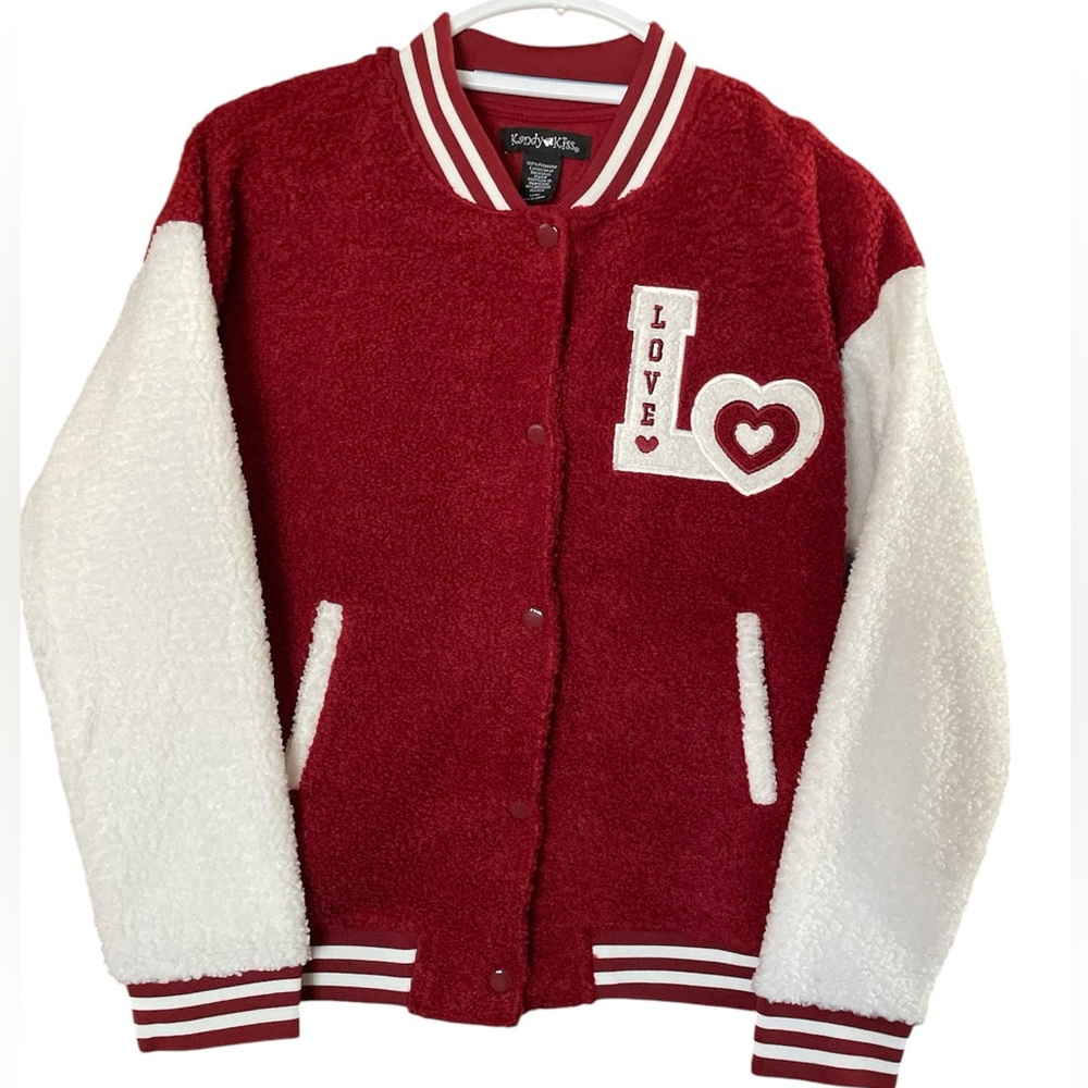 Kandy Kiss Textured Fleece Varsity Style Jacket Red And White Size Large 14 NWT